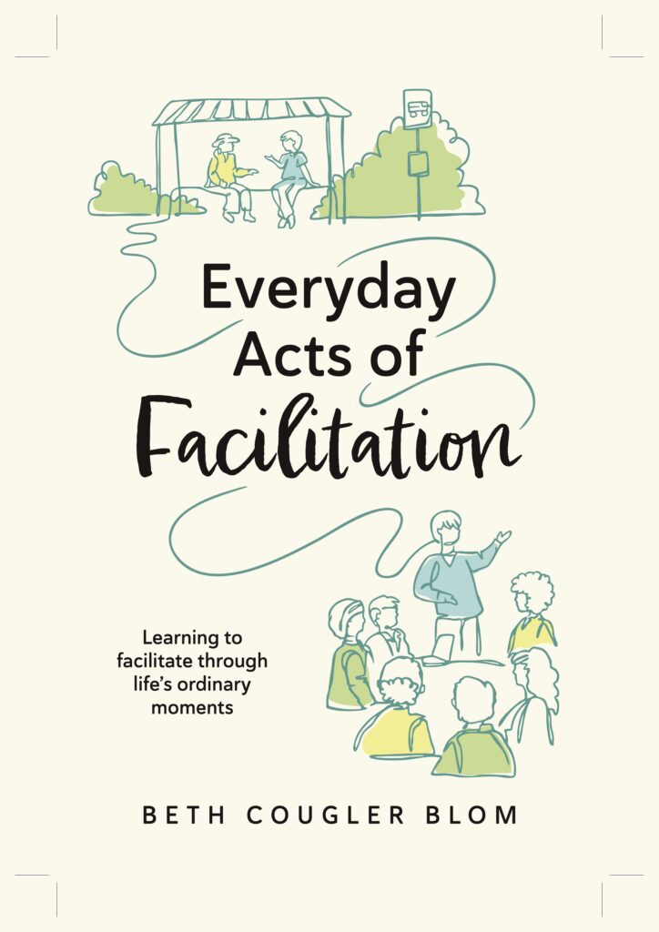 Set on a cream-coloured background, there are two illustrated images in the top left and bottom right corners, in blue, green and yellow colours. The top image is two people sitting at a bus stop. The bottom image features a person standing, facilitating a small group of six people.